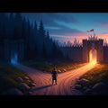 A person at a crossroads, choosing between a dark path and a lit path.