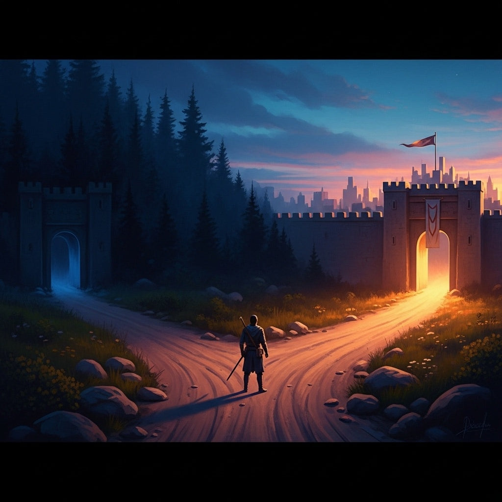 A person at a crossroads, choosing between a dark path and a lit path.