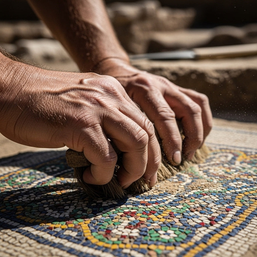 Calloused hands brushing dirt from a vibrant mosaic tile, representing joy in Song of Songs by Solomon