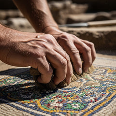 Calloused hands brushing dirt from a vibrant mosaic tile, representing joy in Song of Songs by Solomon