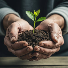 Weathered hands holding a green shoot in dark soil, representing renewal in Isaiah by Isaiah.