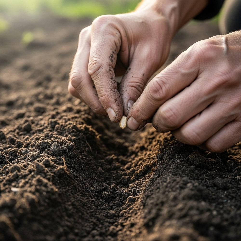 Weathered hands tilling soil, planting a seed, reflecting spiritual growth in 2 Peter Peter.