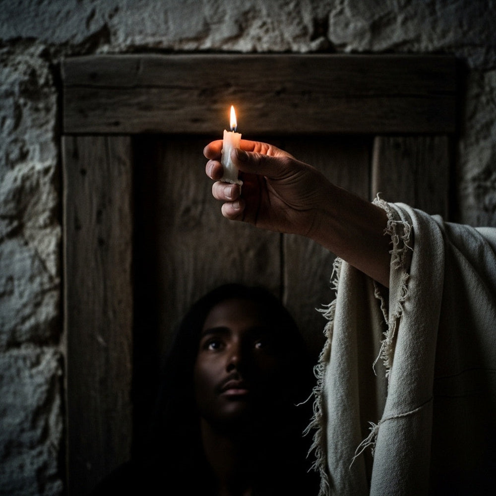 Hand offering candle in darkness, echoing Genesis and Moses' theme of recognition.