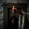 Hand offering candle in darkness, echoing Genesis and Moses' theme of recognition.