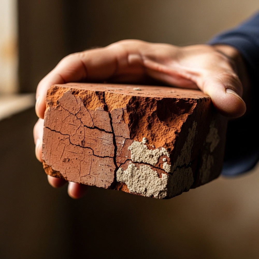 Cracked brick held in calloused hand, illustrating character flaws in Paul's 1 Corinthians passage.