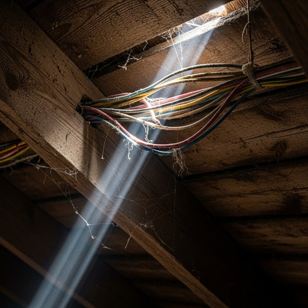 Sunbeam on exposed wiring in an attic, illuminating themes of clarity and separation found in Genesis and Moses.