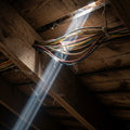 Sunbeam on exposed wiring in an attic, illuminating themes of clarity and separation found in Genesis and Moses.