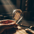 Hand holding dim bulb, workshop background. Moses in Genesis shows The Lord's care for the light.