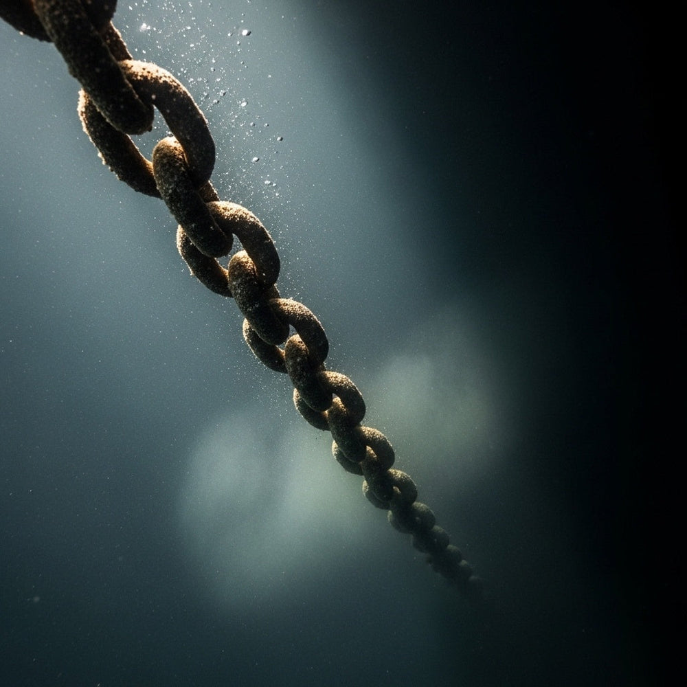 Heavy anchor chain descending into the ocean's depths, a symbol of trust in 1 Peter and Peter's message...