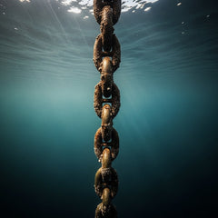 Heavy anchor chain descending into deep, moody ocean water, symbolizing Christ's unwavering grip as described by Solomon in Song of Songs.