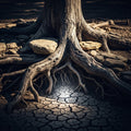 Ancient tree roots breaking through dry soil, symbolizing hidden flaws, from Exodus by Moses.