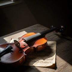 An antique violin and old sheet music bathed in sunlight on a wooden table, symbolizing the enduring resonance of Christ's love from Song 1:2 by Solomon...