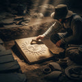 Archeologist brushing ancient tablet, revealing symbol. The Psalmist on joyful service in Psalm 100:2.