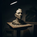 A sculptor's studio, with a partially formed clay bust illuminated by a single spotlight, evoking The text's vision in Job.