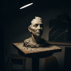 A sculptor's studio, with a partially formed clay bust illuminated by a single spotlight, evoking The text's vision in Job.