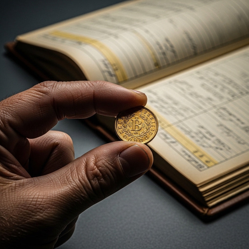 Hand clutching a worn gold coin, blurry ledger in background, symbolizing Jesus's financial guarantee in Luke 22:32.