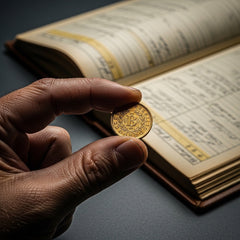 Hand clutching a worn gold coin, blurry ledger in background, symbolizing Jesus's financial guarantee in Luke 22:32.