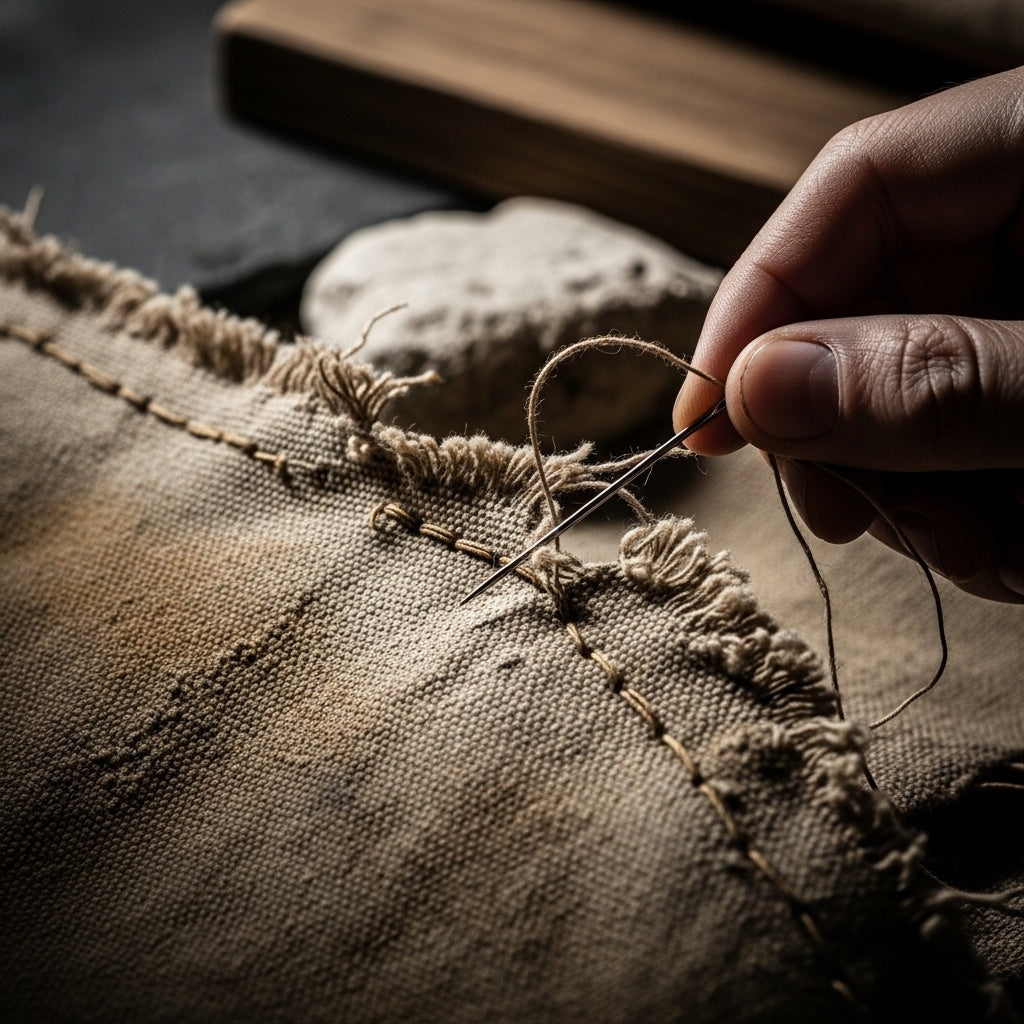 A hand carefully suturing a canvas sail, symbolizing the healing of broken works mentioned in 1 Kings by The text.