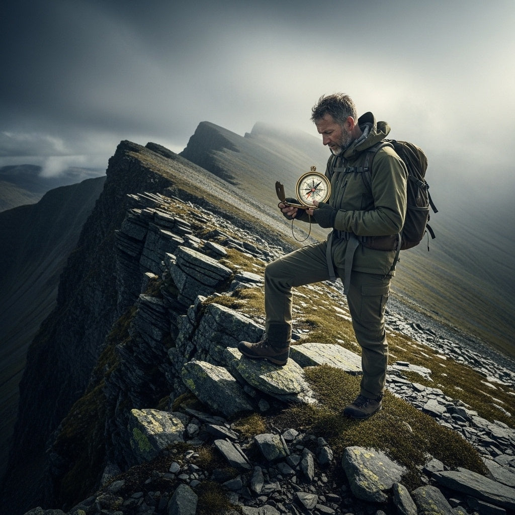 A solitary hiker consults a compass on a rocky mountain ridge under a grey sky, reflecting the miraculous intervention of The text in 2 Kings.