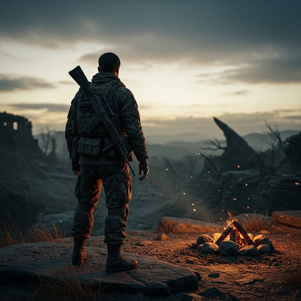Soldier on watch, subtle campfire embers, symbolizing Isaiah's message of God's mighty power to save in Isaiah 63:1.