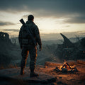 Soldier on watch, subtle campfire embers, symbolizing Isaiah's message of God's mighty power to save in Isaiah 63:1.