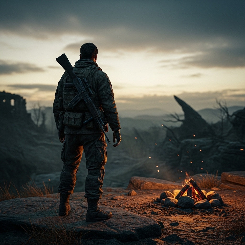 Soldier on watch, subtle campfire embers, symbolizing Isaiah's message of God's mighty power to save in Isaiah 63:1.