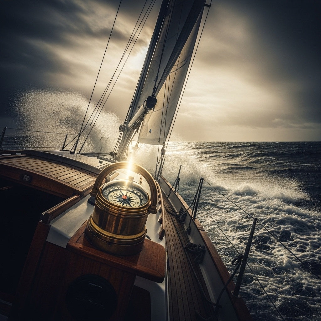A small sailboat in stormy waters with a visible compass, symbolizing Matthew's record of Jesus's rescue. Matthew 14:30.