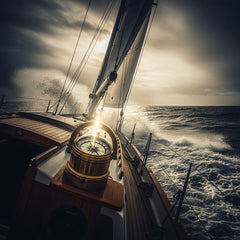 A small sailboat in stormy waters with a visible compass, symbolizing Matthew's record of Jesus's rescue. Matthew 14:30.