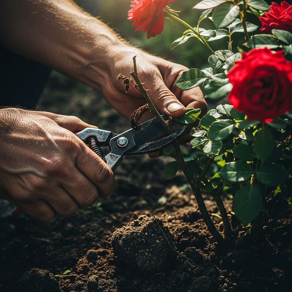 Hands pruning a rose bush, symbolizing The Psalmist's fervent prayer in Psalm 109:4, finding focus amidst distractions.