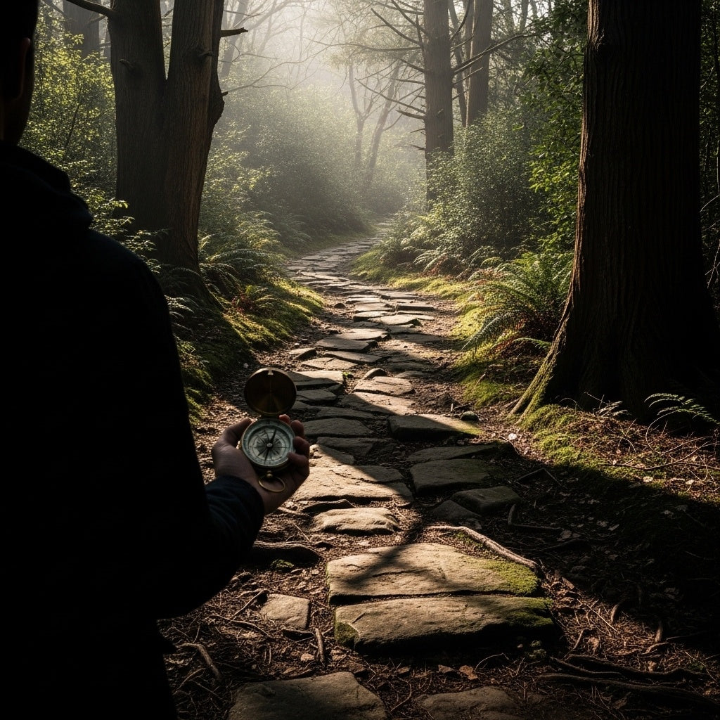 Figure with a compass contemplating a winding path, representing Isaiah's message of God's help in our journey. Isaiah 41:14.