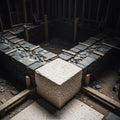 A perfectly cut stone cornerstone in an ancient building foundation, suggesting solid ground and Christ's sacrifice from Daniel.