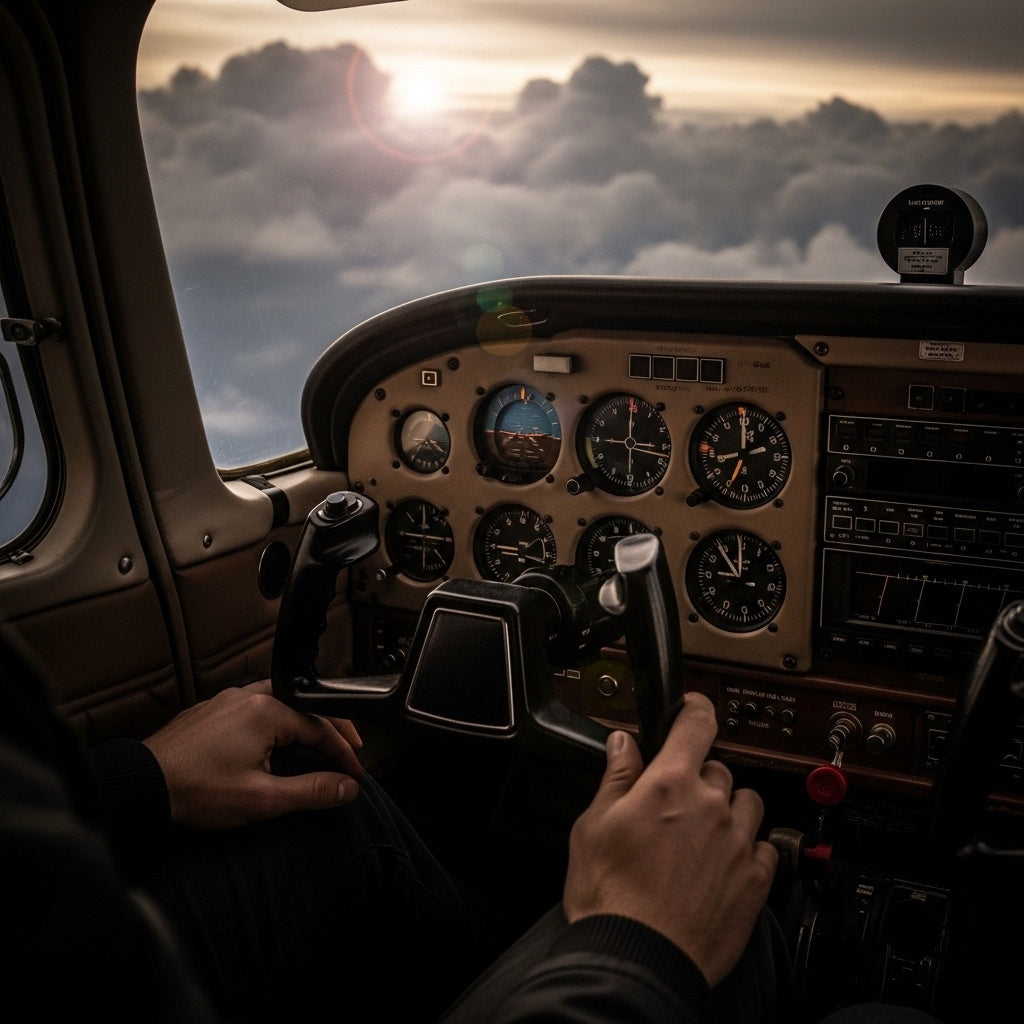 Aircraft cockpit with glowing instruments guiding through clouds, symbolizing Christ as our true bearing in Revelation 14:1.