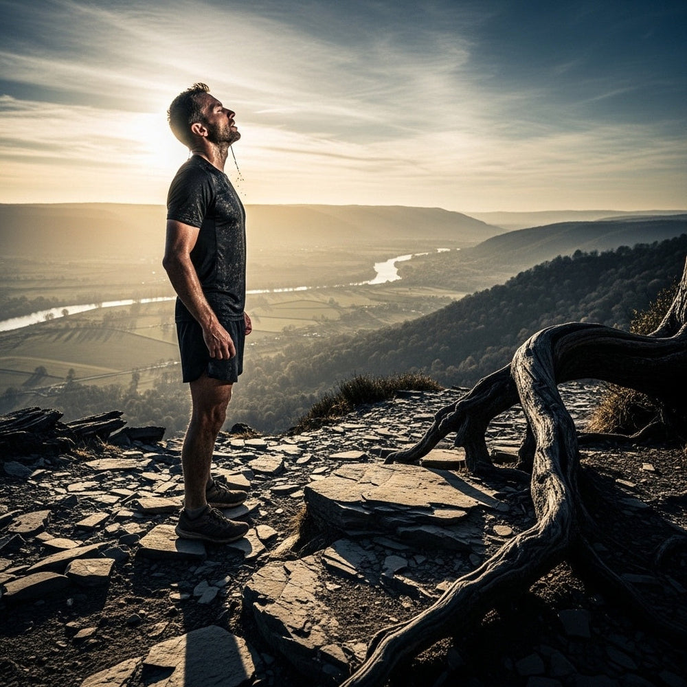 Exhausted runner resting after a long trail run, looking towards peaceful valley. Hebrews 4:9, The writer of Hebrews on eternal rest.