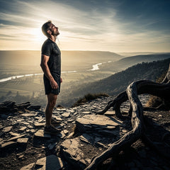 Exhausted runner resting after a long trail run, looking towards peaceful valley. Hebrews 4:9, The writer of Hebrews on eternal rest.