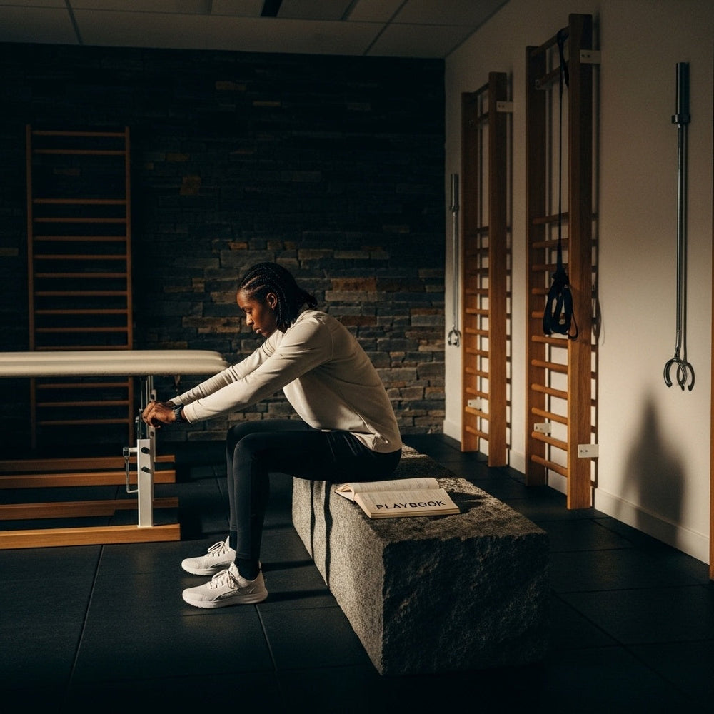 An athlete focused on a playbook in a rehab gym, symbolizing Luke's teaching on Christ found in Scripture.