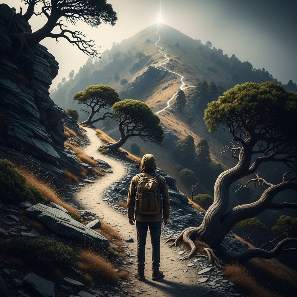 Figure on mountain trail gazing at misty summit, symbolizing the soul's journey back to Christ. Song, Solomon.