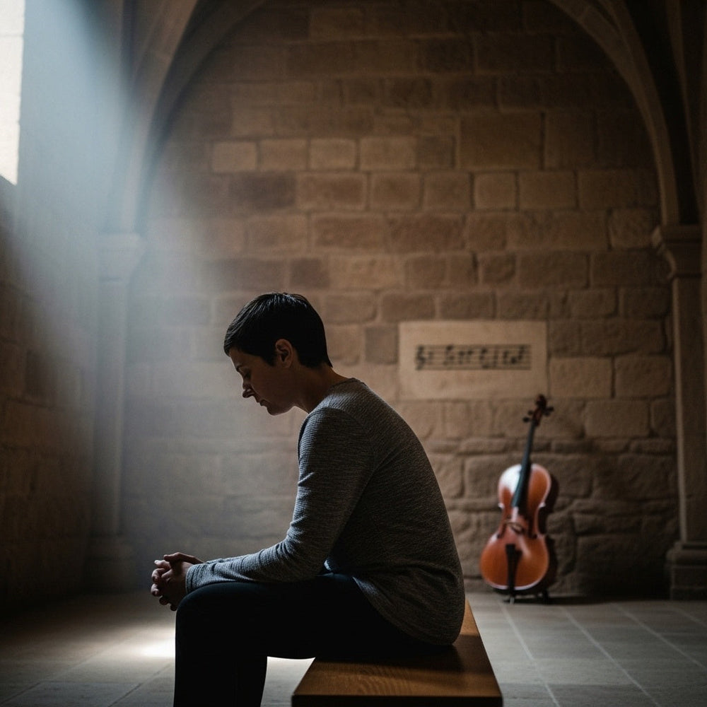 Contemplative figure in quiet space, hands clasped, hearing divine harmony. Luke Luke 24:45.