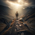 Lone hiker in rugged mountain valley, looking to distant light on horizon, depicting Moses writing Genesis 4:2, Abel's story.