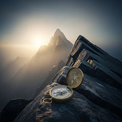 A compass points north on a rocky mountain peak at sunrise, suggesting direction amidst a challenging journey.