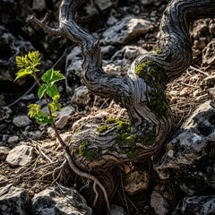 Ancient gnarled vine branch in a dry thicket with a young sapling, symbolizing dependence on God's grace as per Ezekiel.