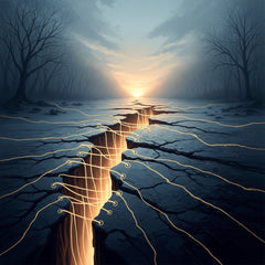 Ethereal light mending a deep fracture in a cold, textured, abstract landscape.
