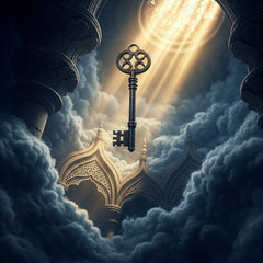 An ancient, ornate key floats above a mystical fog, revealing old stone architecture below illuminated by golden light.