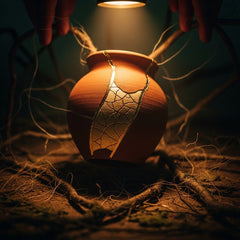 An ancient, gold-repaired kintsugi pot being lifted from a dark, intricate tangle.