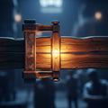 A sturdy wooden clamp holding together two pieces of warm, grain-rich wood, preventing them from warping.