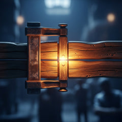 A sturdy wooden clamp holding together two pieces of warm, grain-rich wood, preventing them from warping.