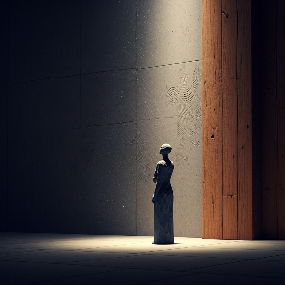 An abstract, solitary figure in a quiet room, reflecting on etched patterns in soft light.