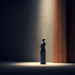 An abstract, solitary figure in a quiet room, reflecting on etched patterns in soft light.