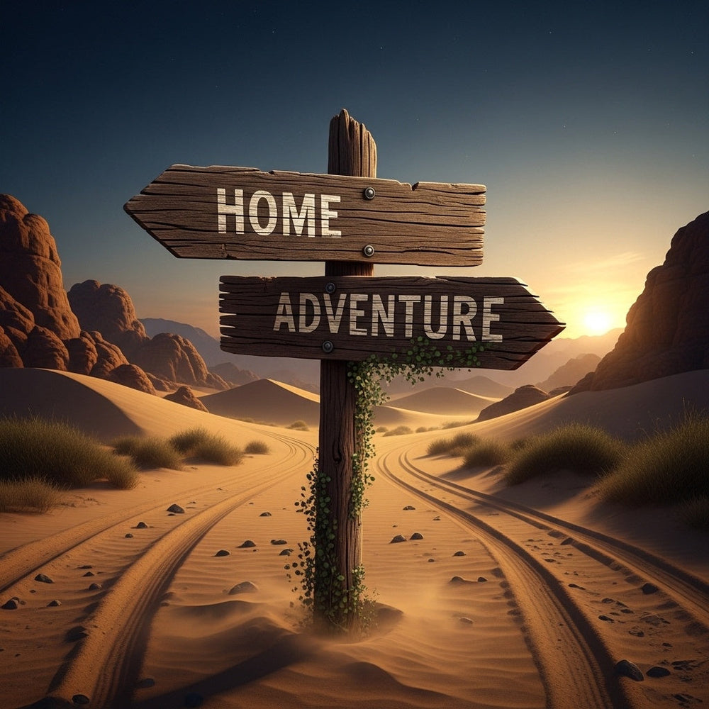 A weathered road sign at a fork in an ancient, twilight desert landscape.