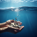 Abstract image of hands releasing shimmering coins into a deep blue ocean, symbolizing surrender.