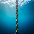 An ancient anchor chain extends into deep, luminous blue-green water, symbolizing divine stability.